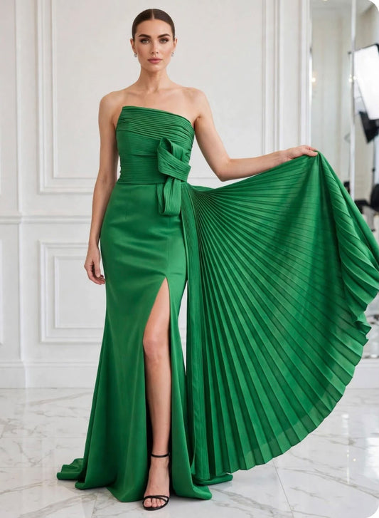Strapless pleated bow taffeta asymmetrical slit gown