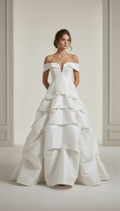 Off shoulder taffeta layered cupcake gown