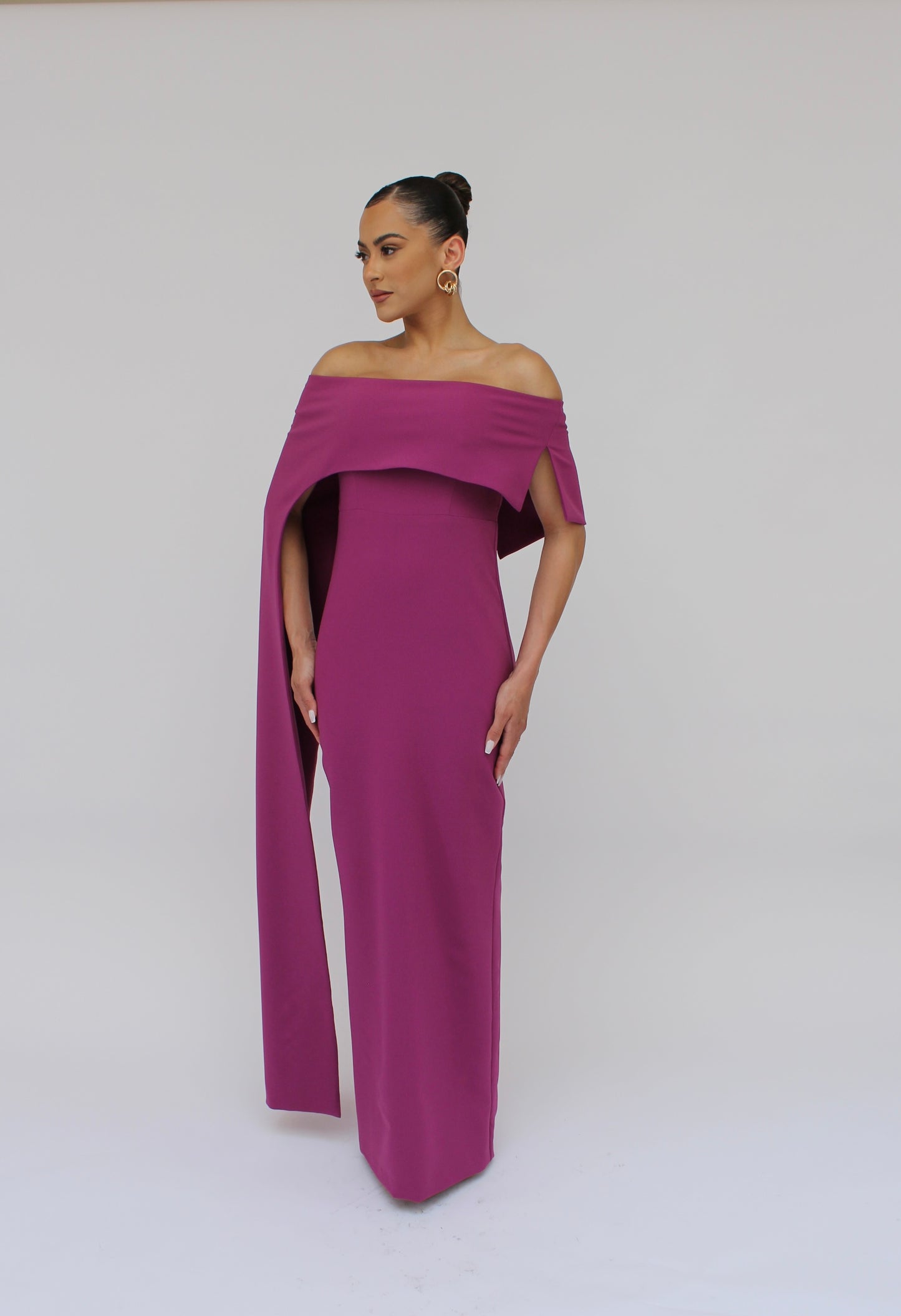 Dramatic elegance off shoulder draped split sleeve dress