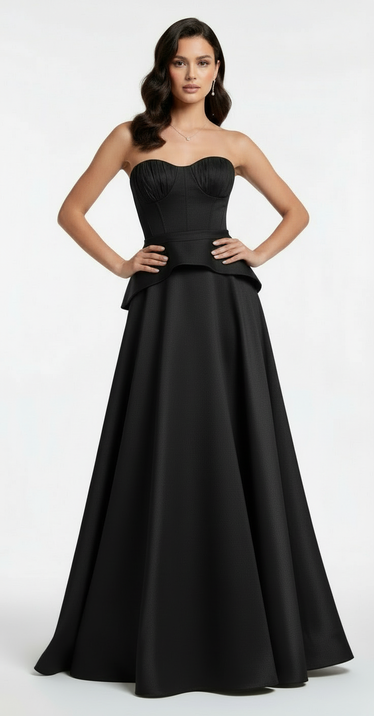 Strapless sweetheart corset peplum taffeta gown