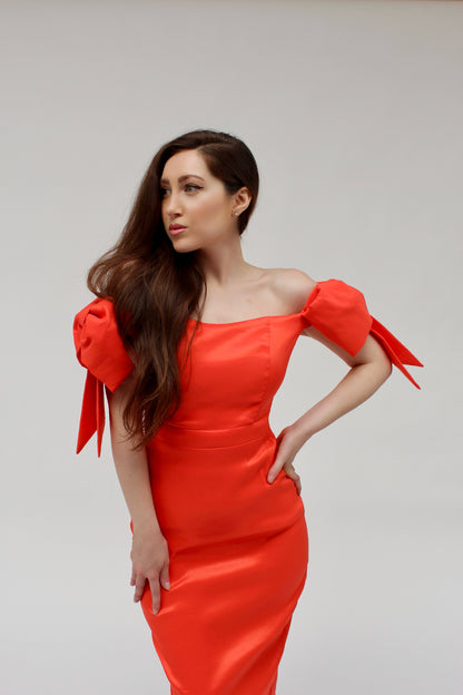 Off the shoulder double bow taffeta midi dress