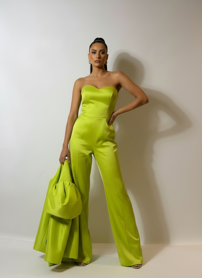 Puff shoulder stretch taffeta cape and jumpsuit set