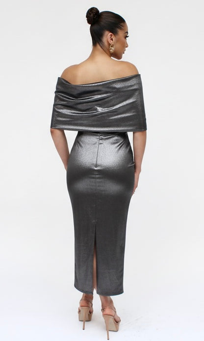 Taffeta twist tea length off shoulder gathered midi back slit dress