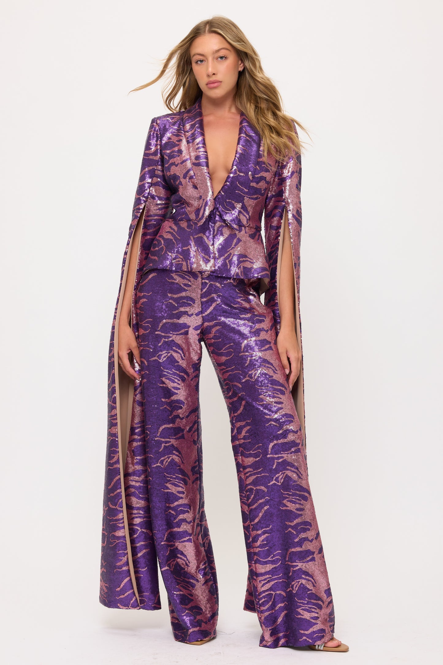Shining sequin sweeping split sleeve jacket and high waisted pants set