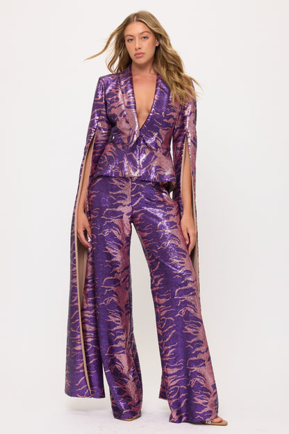 Shining sequin sweeping split sleeve jacket and high waisted pants set