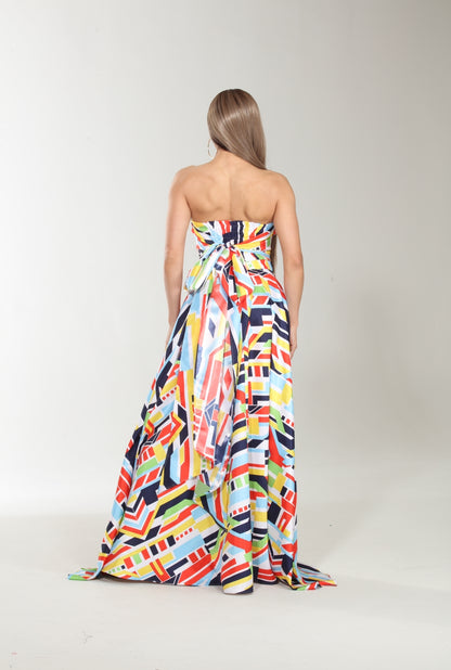 Geometric print colorful crop top and maxi skirt set with pockets