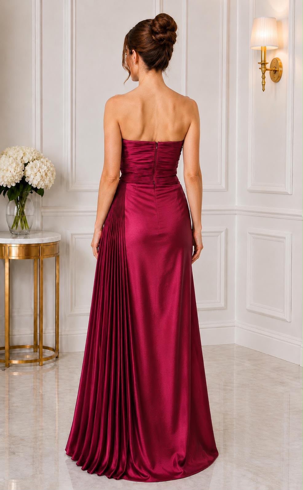 Strapless pleated bow taffeta slit gown