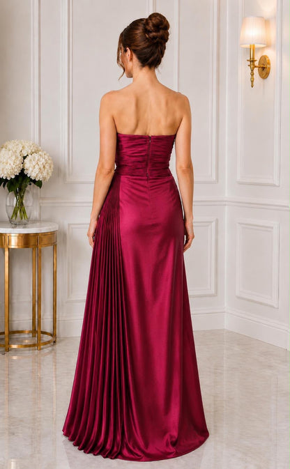 Strapless pleated bow taffeta slit gown