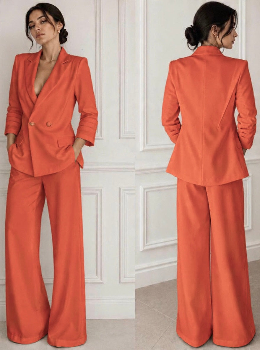 Stretch twill jacket and high waisted pants w pockets suit
