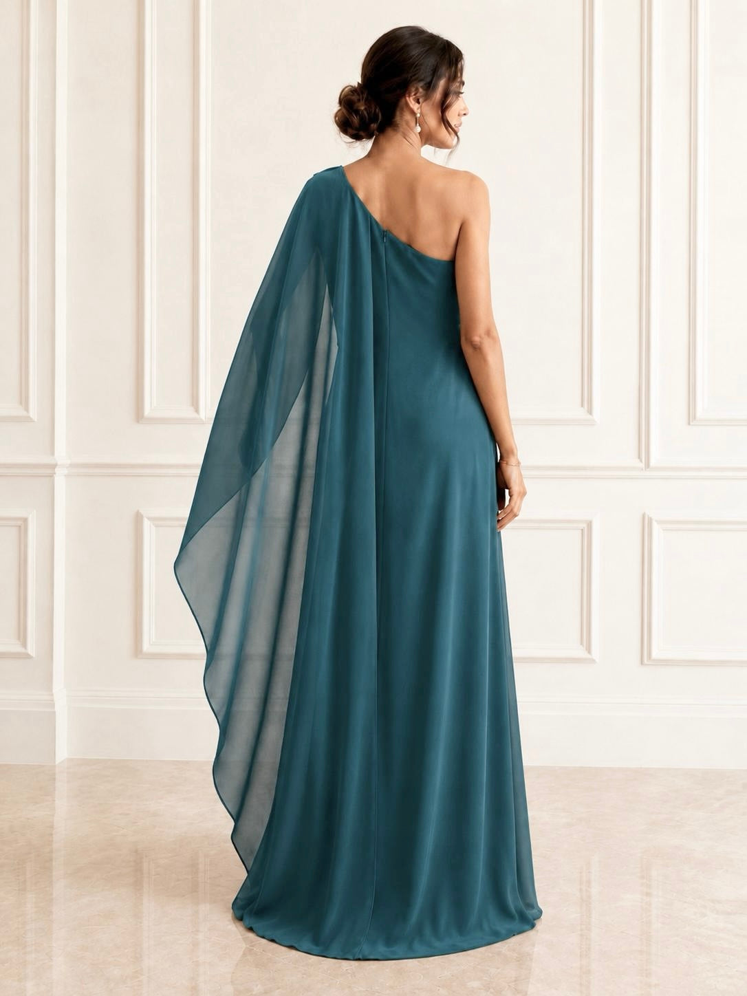 Stunning one-shoulder chiffon fringes evening maxi.