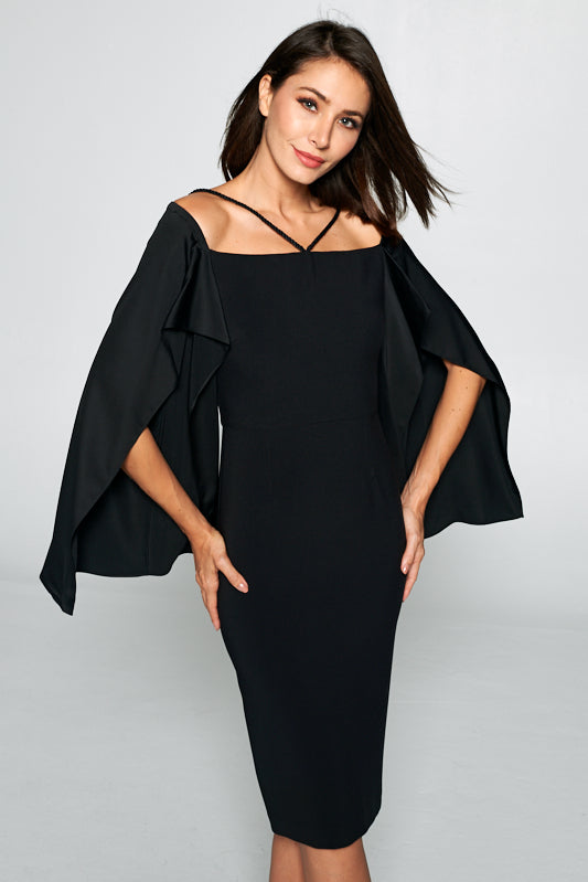 Guest list split sleeve black midi dress