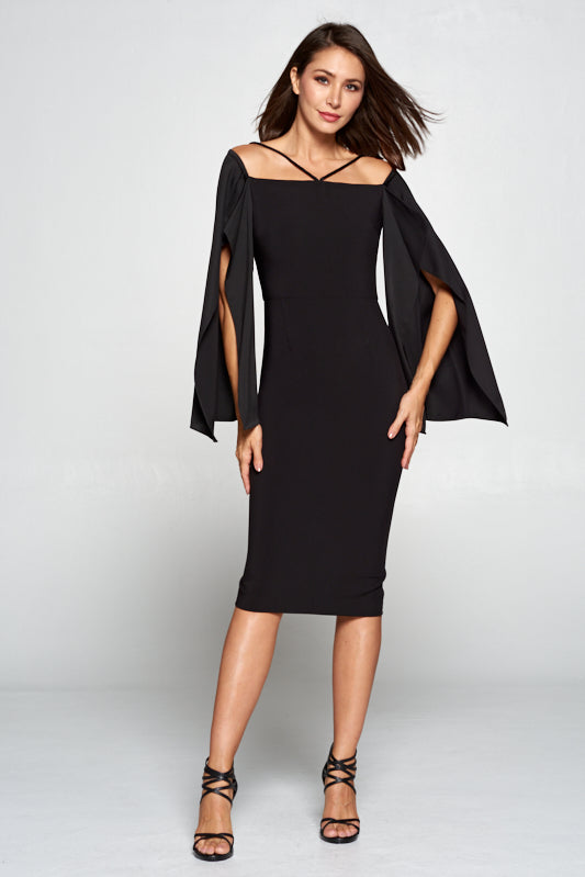 Guest list split sleeve black midi dress