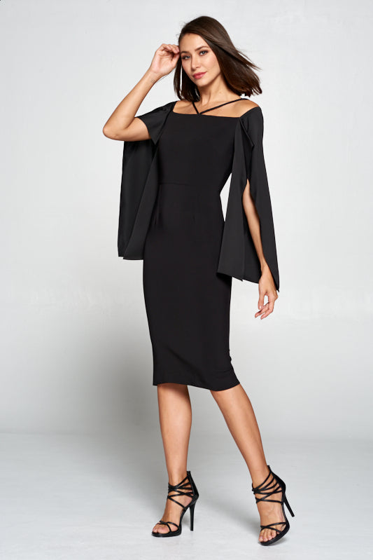 Guest list split sleeve black midi dress