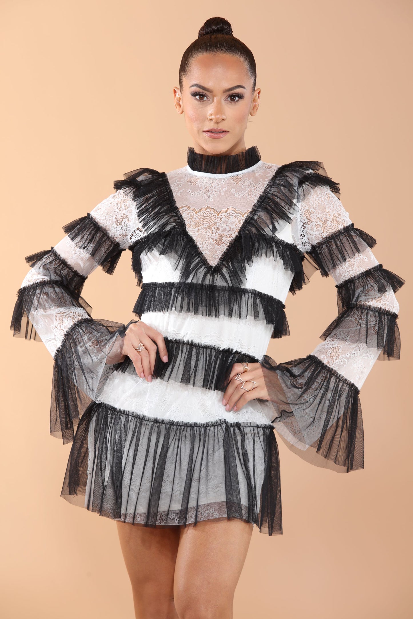 Tuxedo tulle tiered black and white lace bell sleeve mini dress