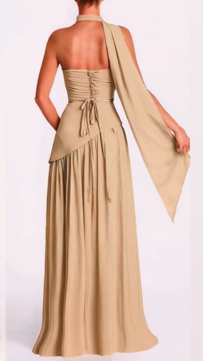 Strapless asymmetrical corset slit gown