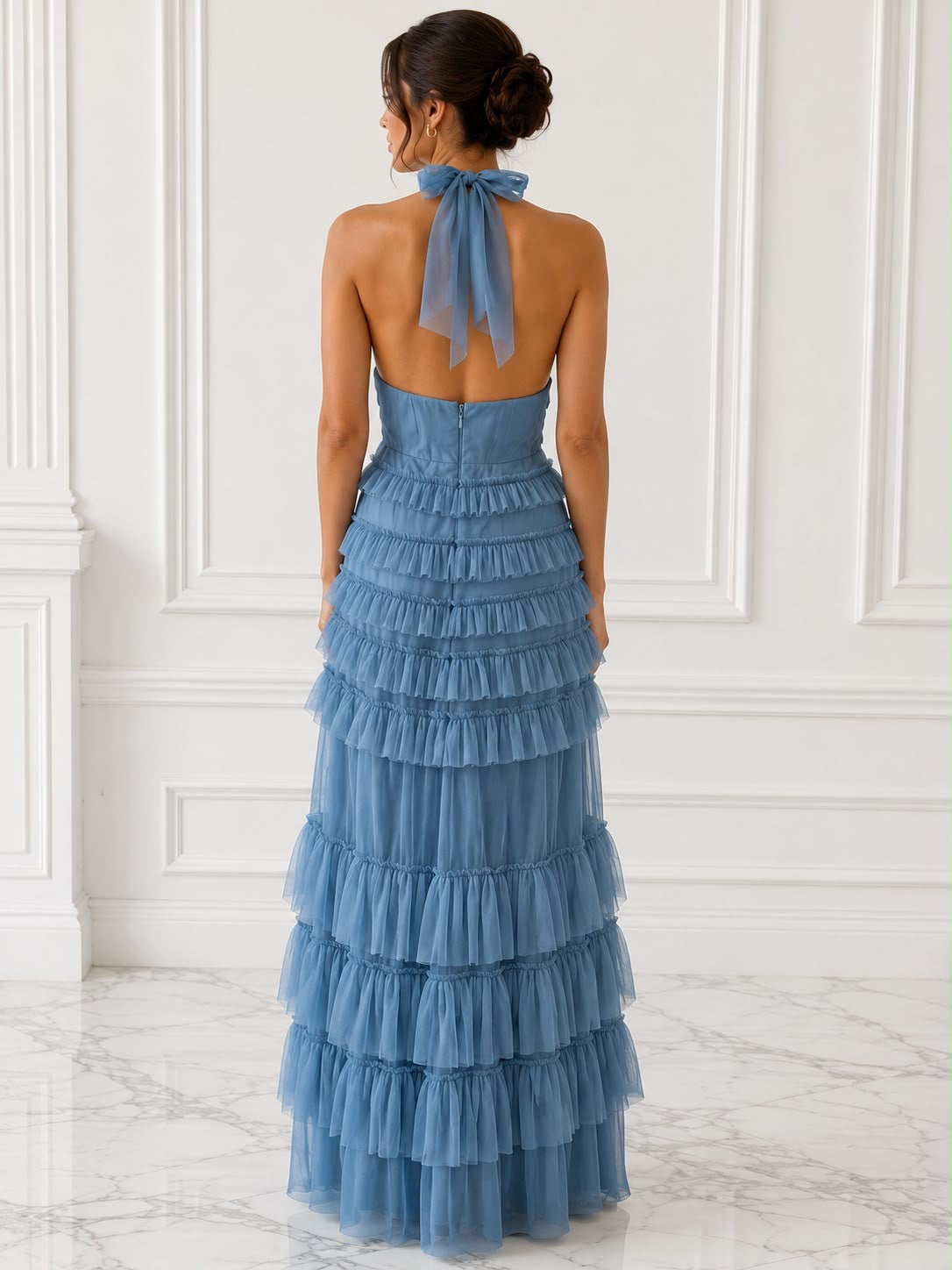 Captivating tiered tulle halter maxi dress
