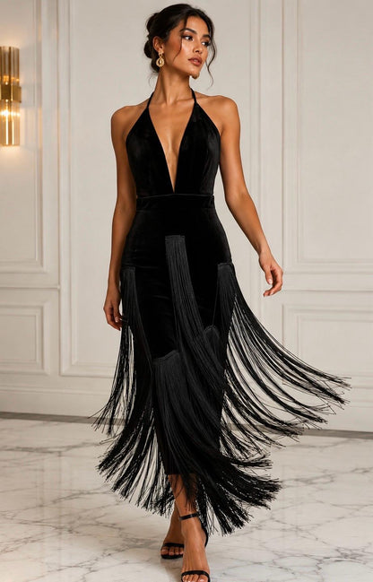 Velvet halter fringe maxi dress