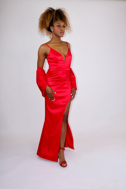 Taffeta mermaid slit gown with detachable bow