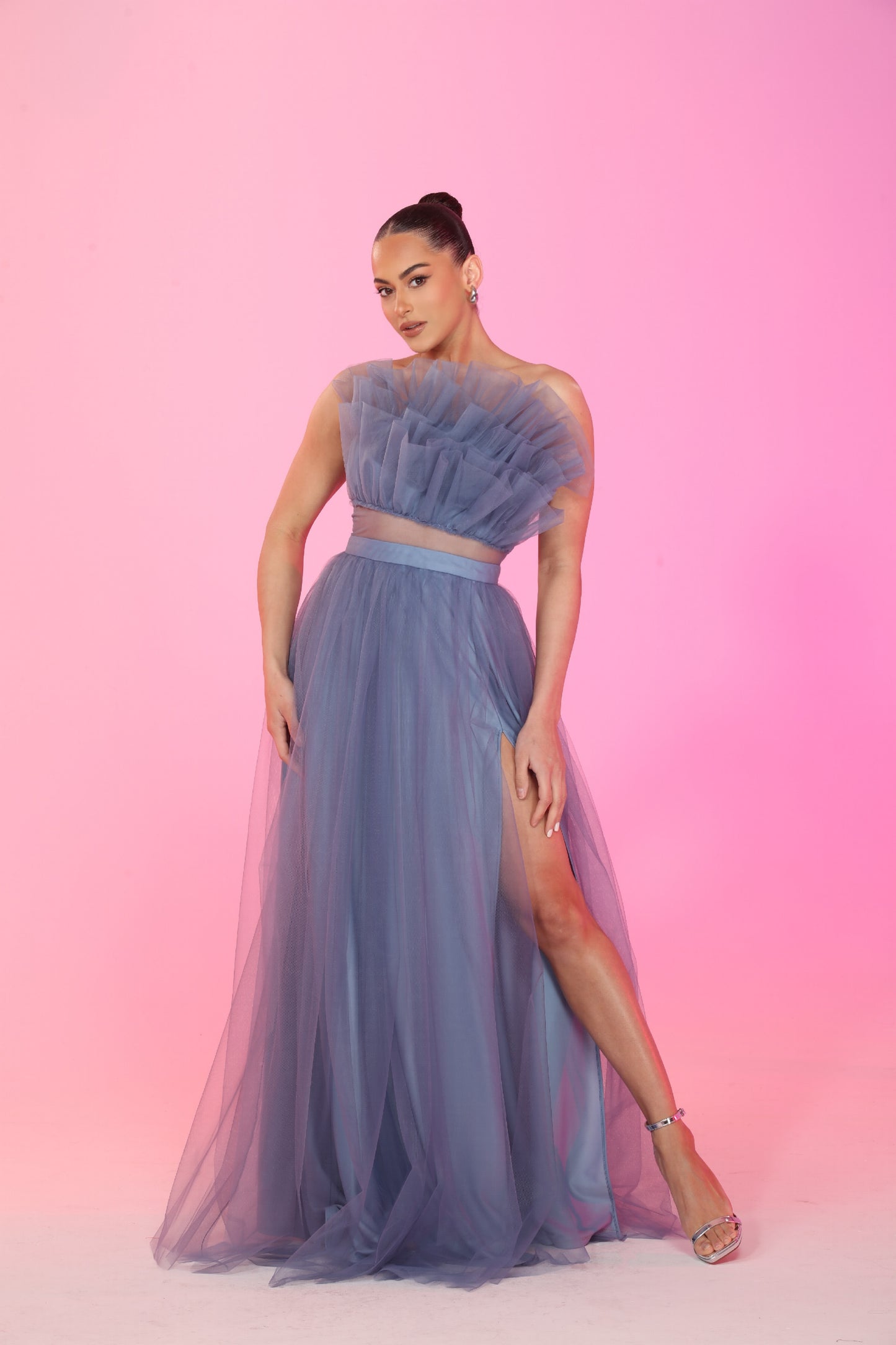 Strapless layered tulle asymmetrical bodice side slit gown