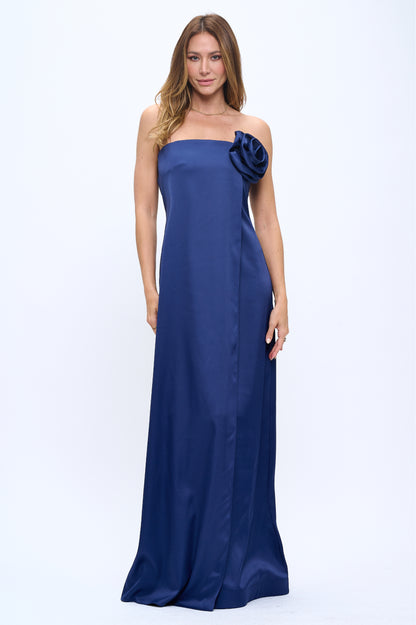 Rose wrap strapless stretchy satin maxi gown