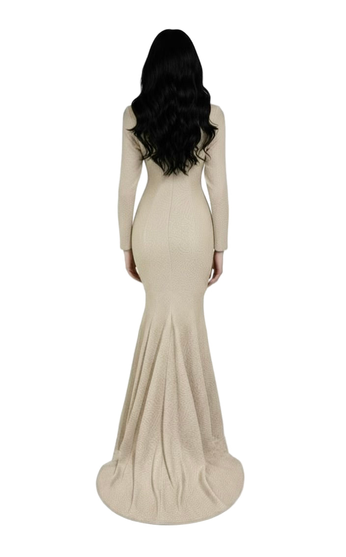 Pearl textured knot front long sleeve slit gown