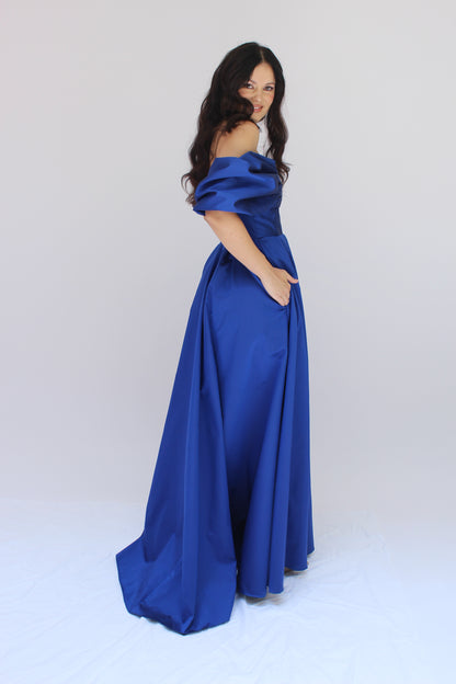 Midnight gala off shoulder satin gown w/ pockets