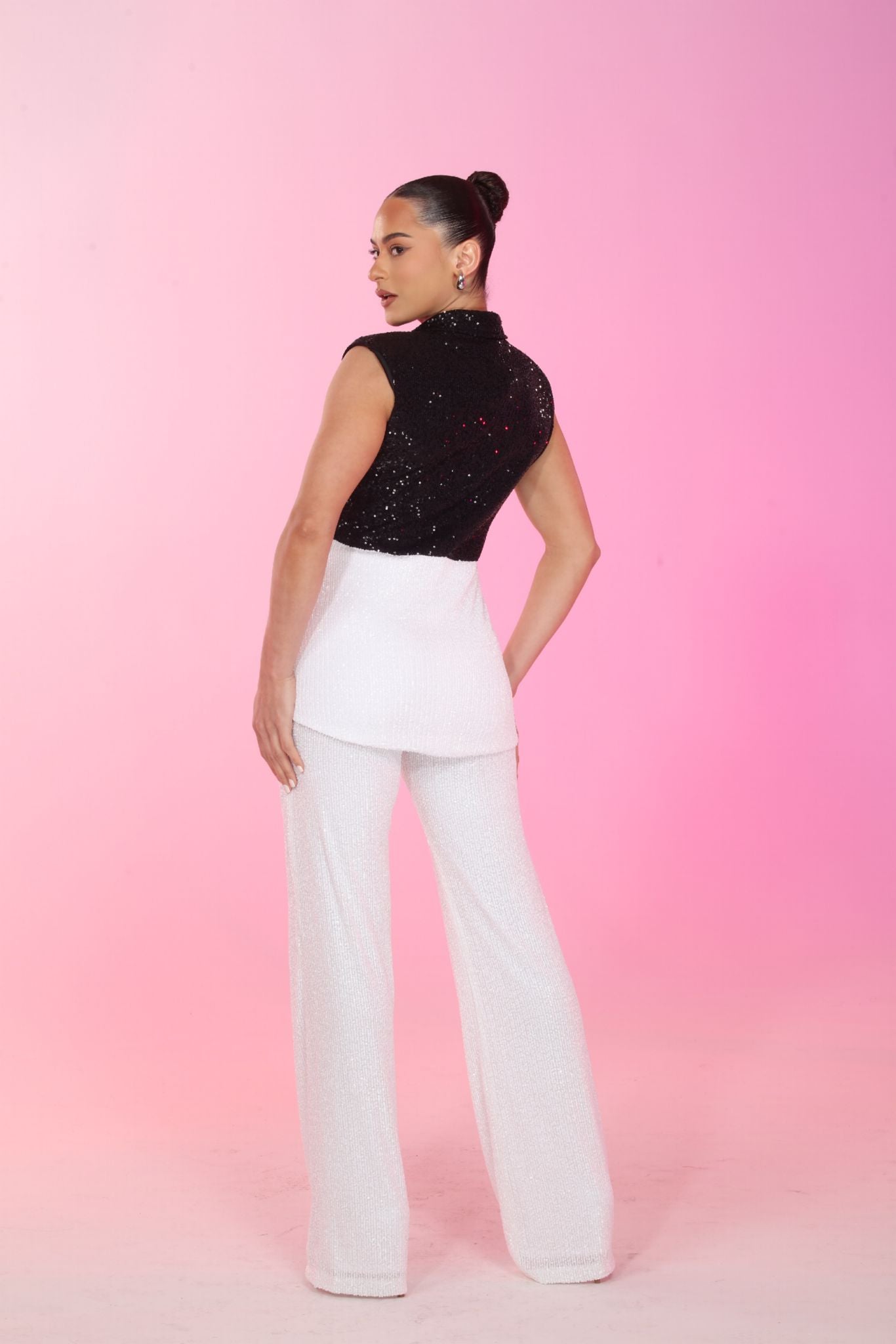 Color block sequin vest and high waisted pants set