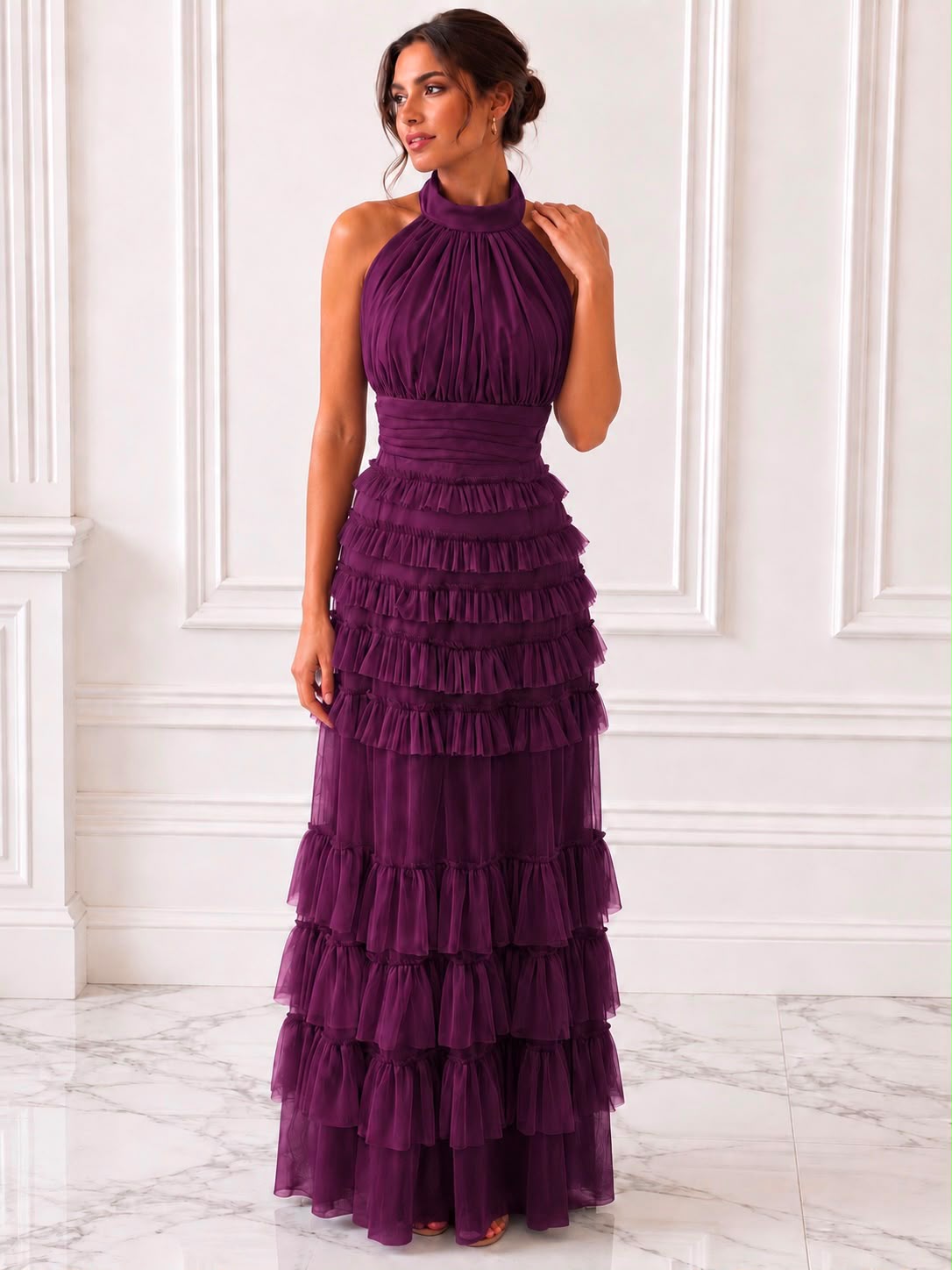 Captivating tiered tulle halter maxi dress