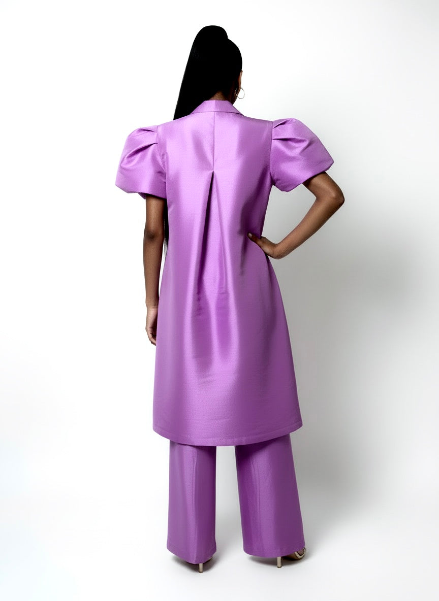 Puff shoulder stretch taffeta cape and jumpsuit set