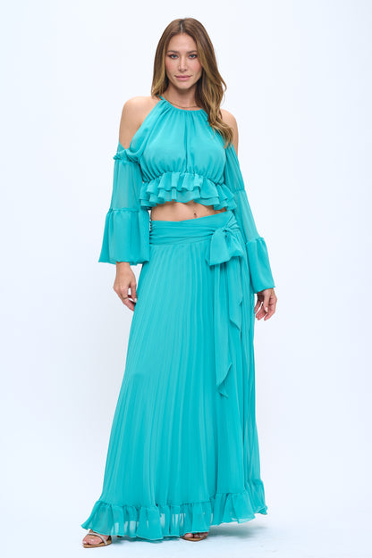 Chiffon ruffle crop top and maxi skirt set