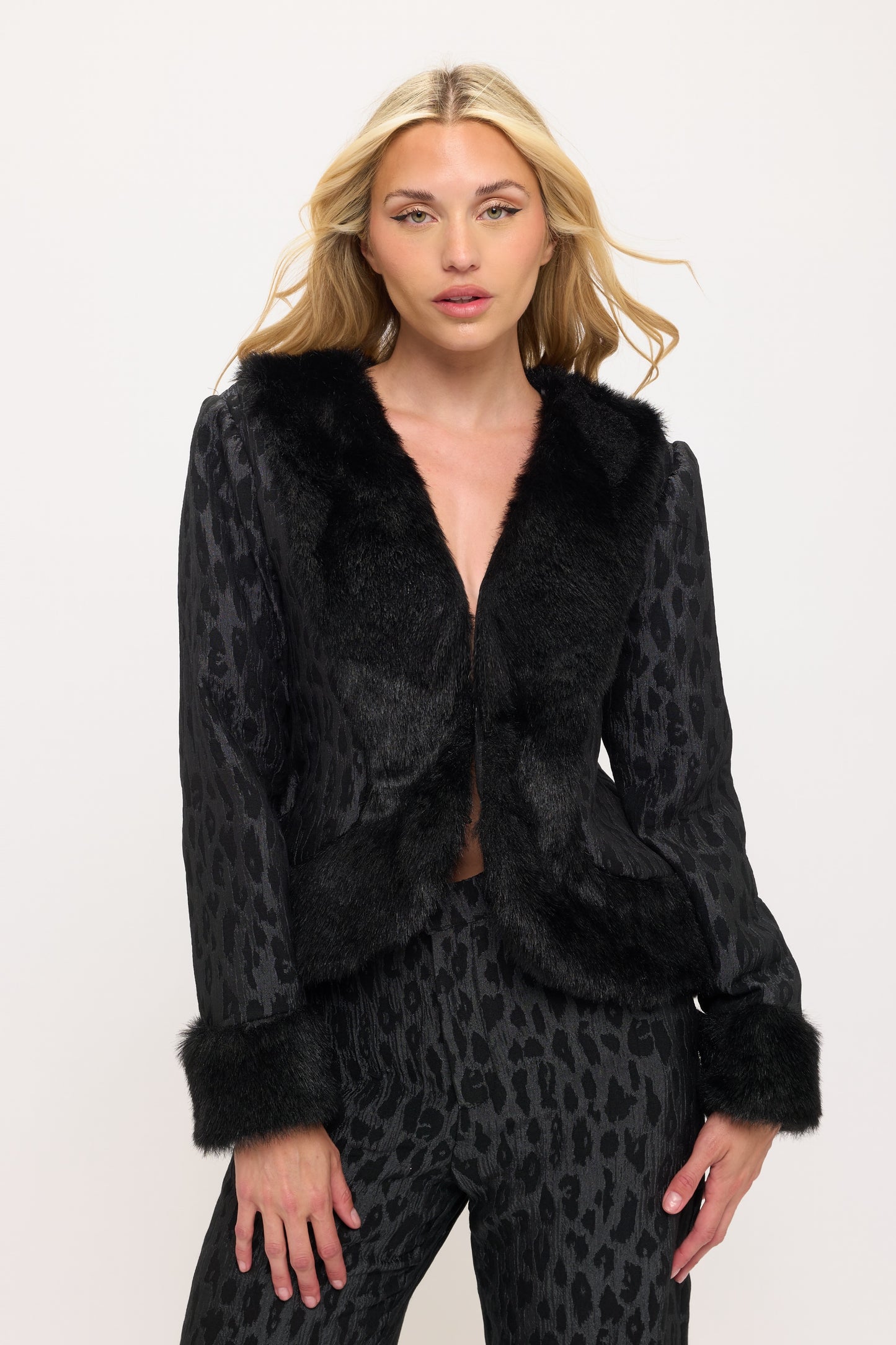 Leopard print and fur trim jacket and high waisted pants set