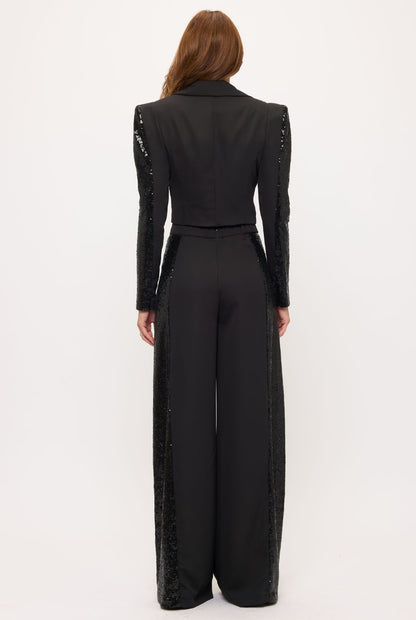 Side striped sequin detail crop jacket and pants suit set