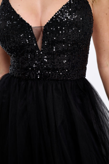 Sequin and tulle side slit tie back gown