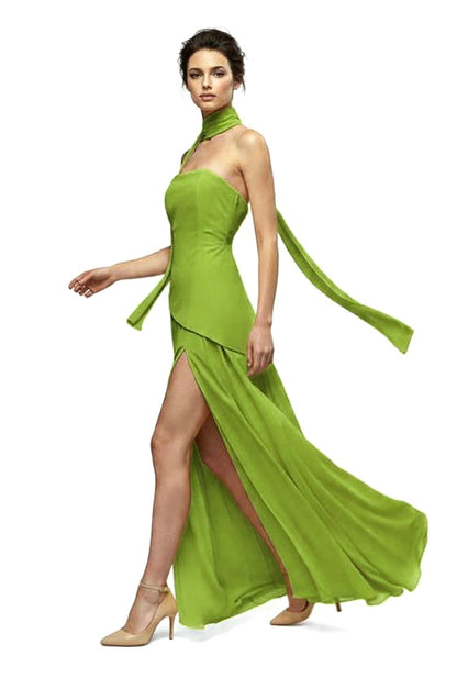 Strapless corset asymetrical peplum dobby slit gown and matching scarf