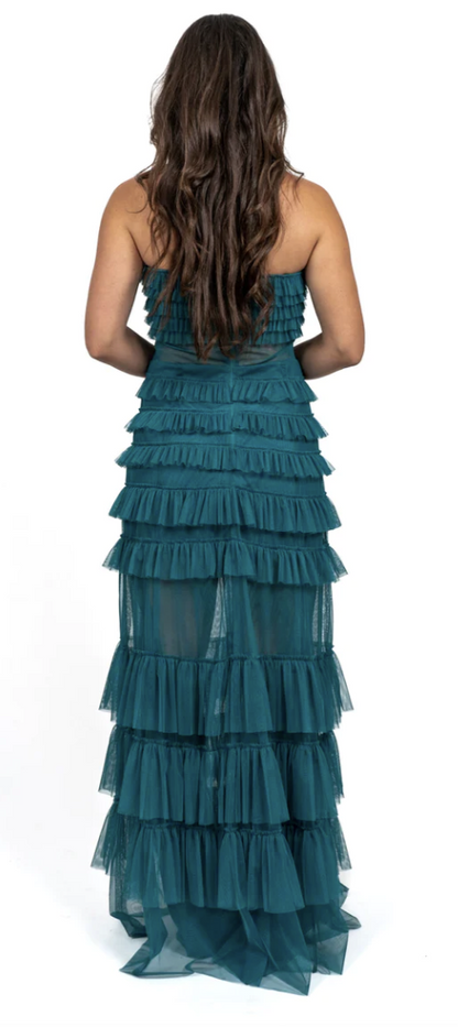 Ruffle layered strapless tulle maxi dress