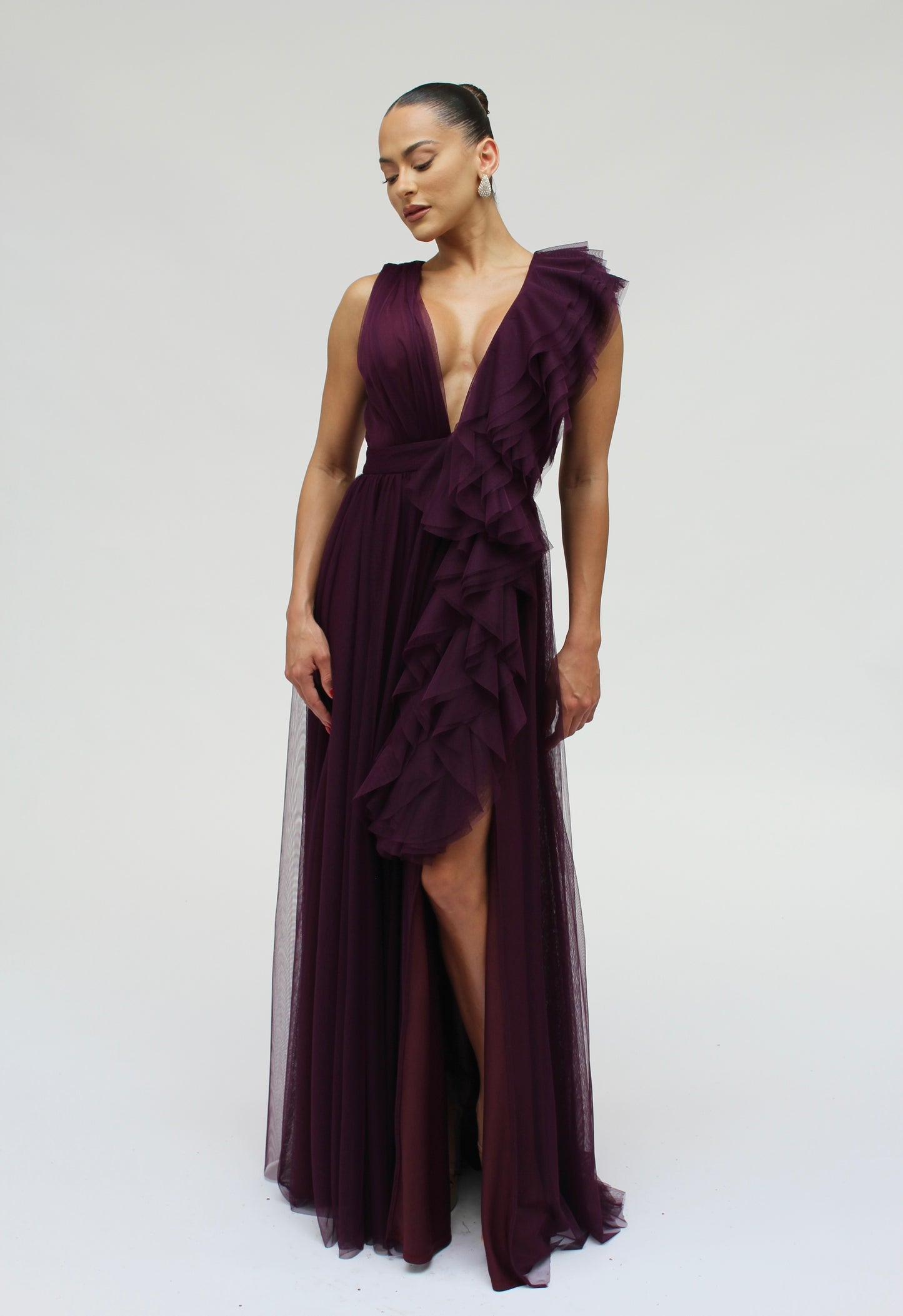 *Pre-Order Elevated ruffle layered tulle cascading gown with front slit