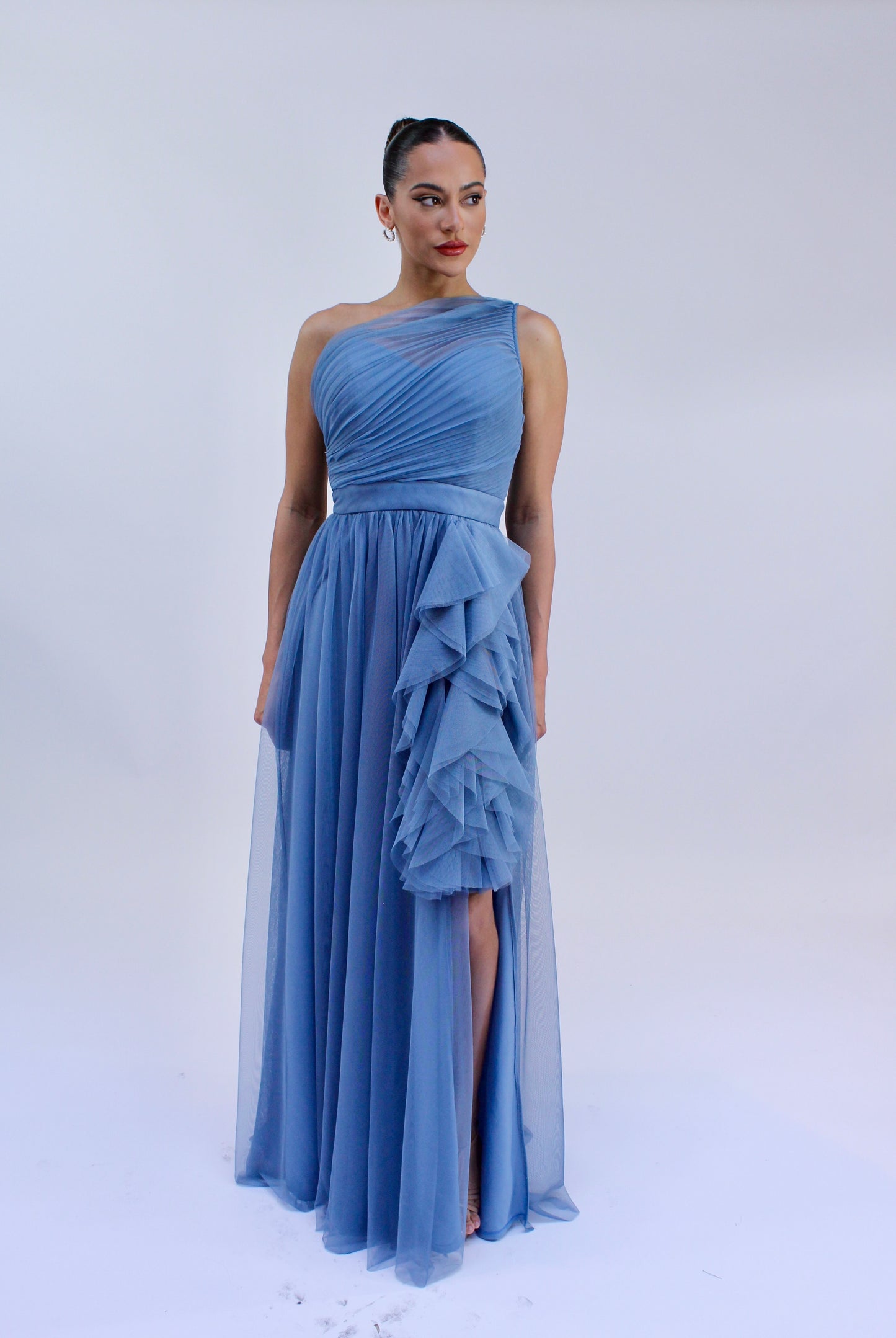 Special embrace one shoulder ruffle tulle slit gown