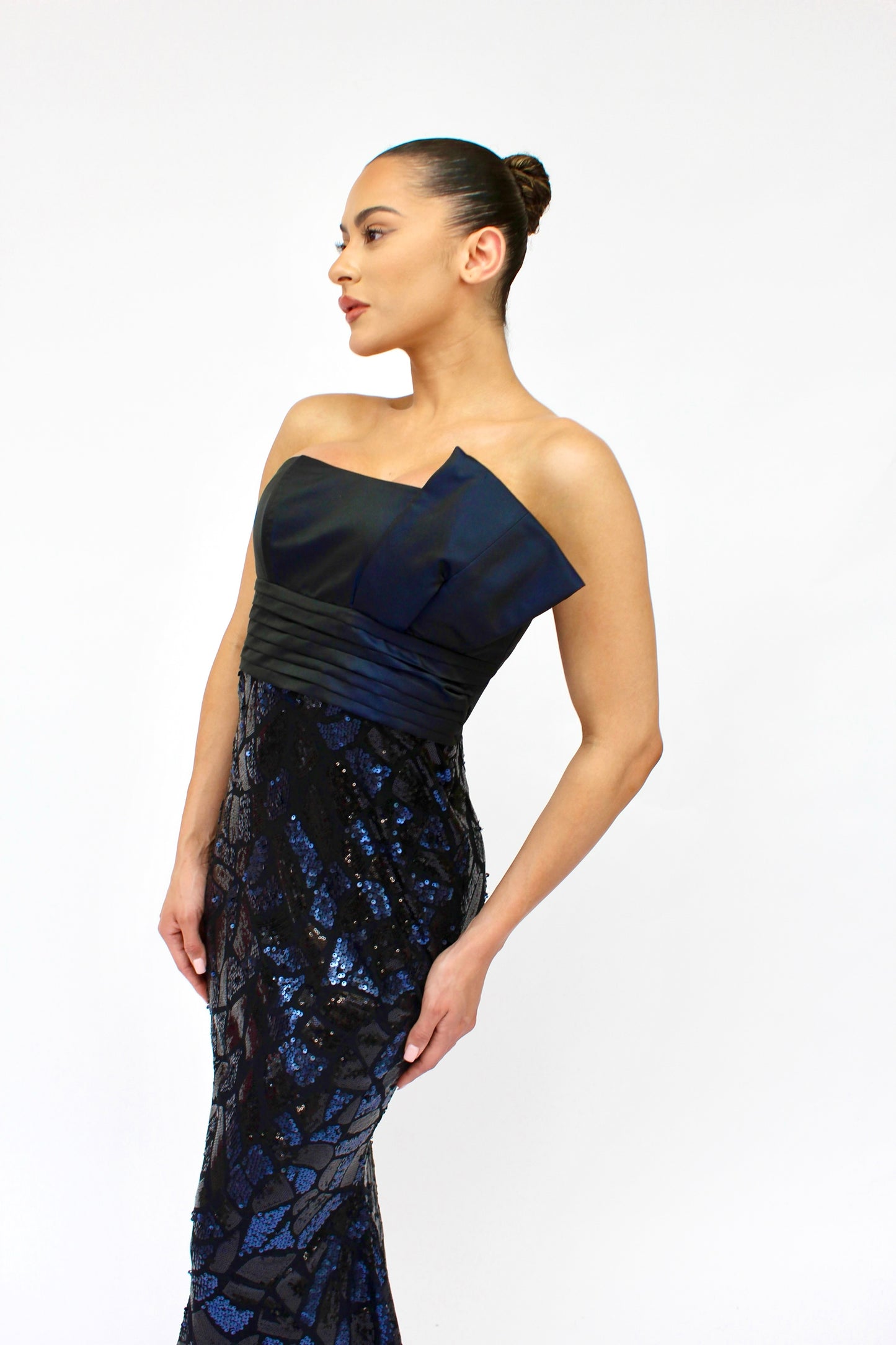 *Pre-Order strapless black and blue sequin mermaid gown