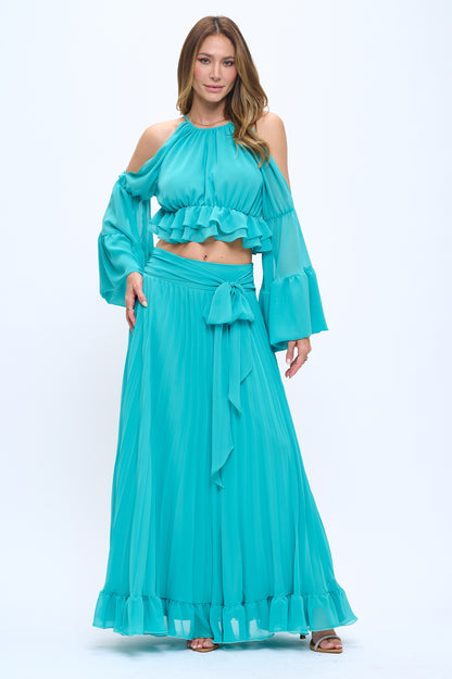 Chiffon ruffle crop top and maxi skirt set