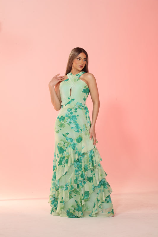 Floral waltz keyhole cross front ruffle halter dress