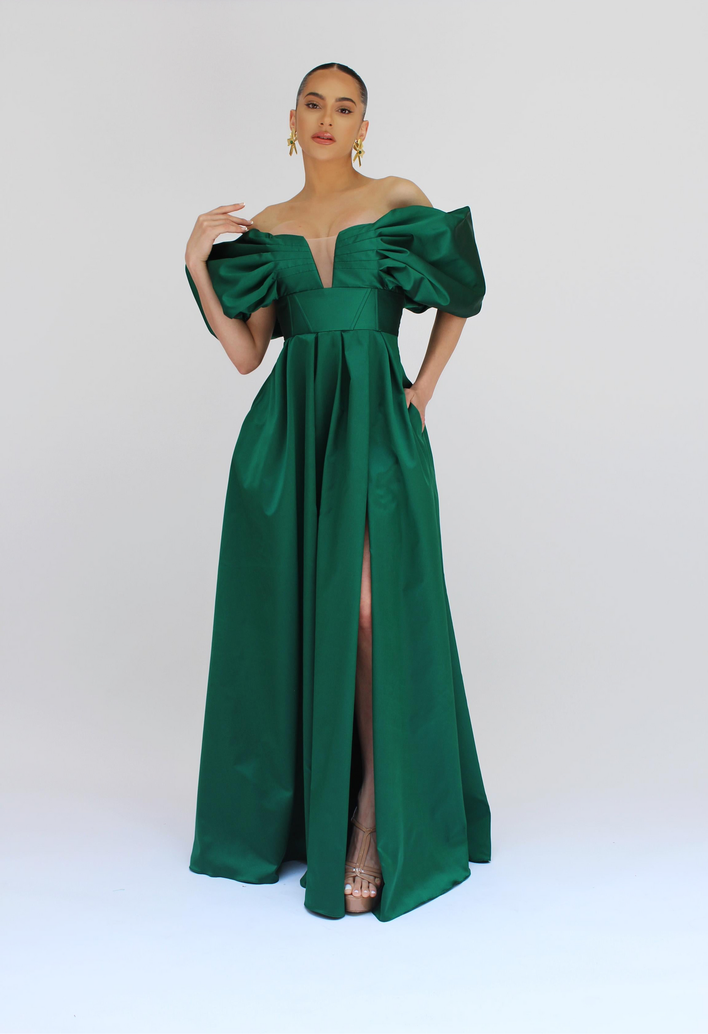 Midnight gala off shoulder satin gown w/ pockets