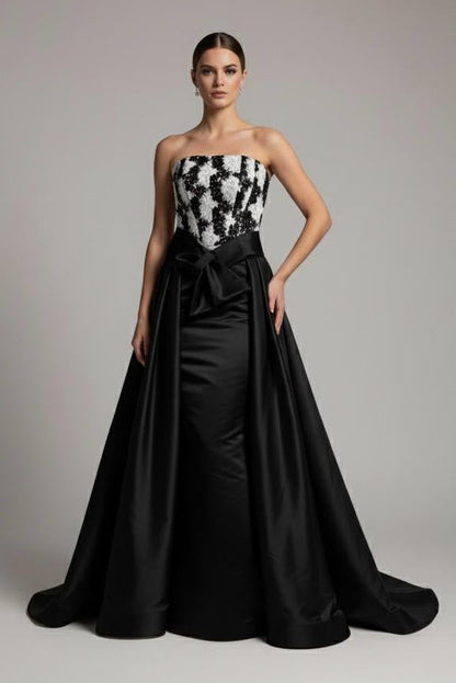 Strapless corset crochet floral lace and satin taffeta gown with detachable bow belt
