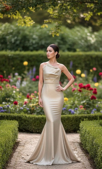 Asymmetrical strapless stretch taffeta gathered gown