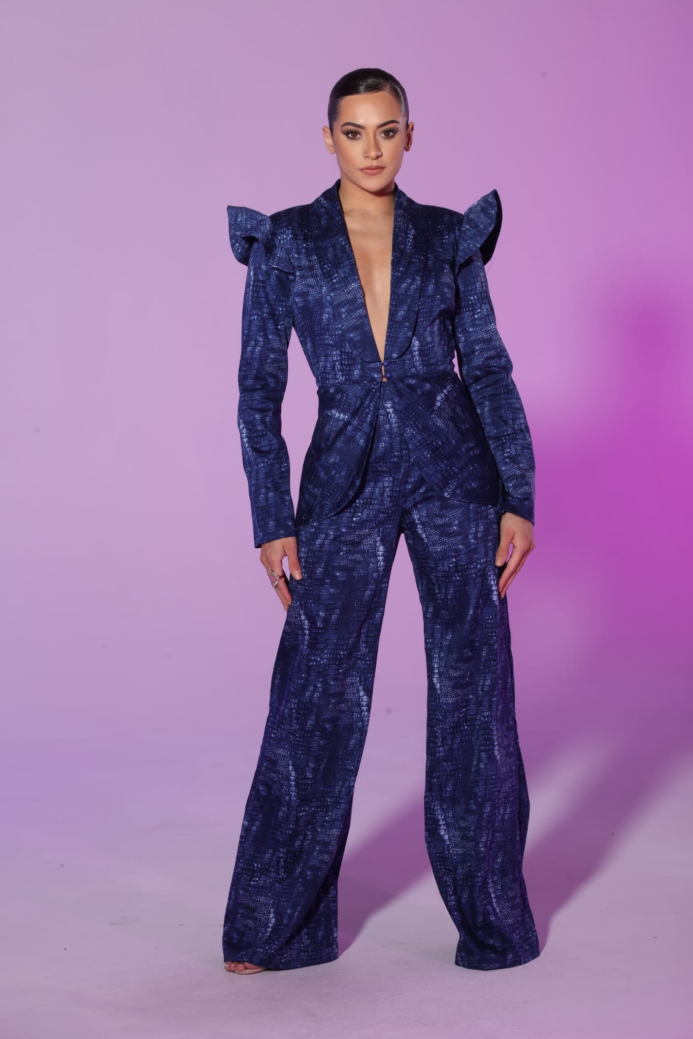 Fierce two-piece flare shoulder denim blue print jacket and high waisted pants suit set