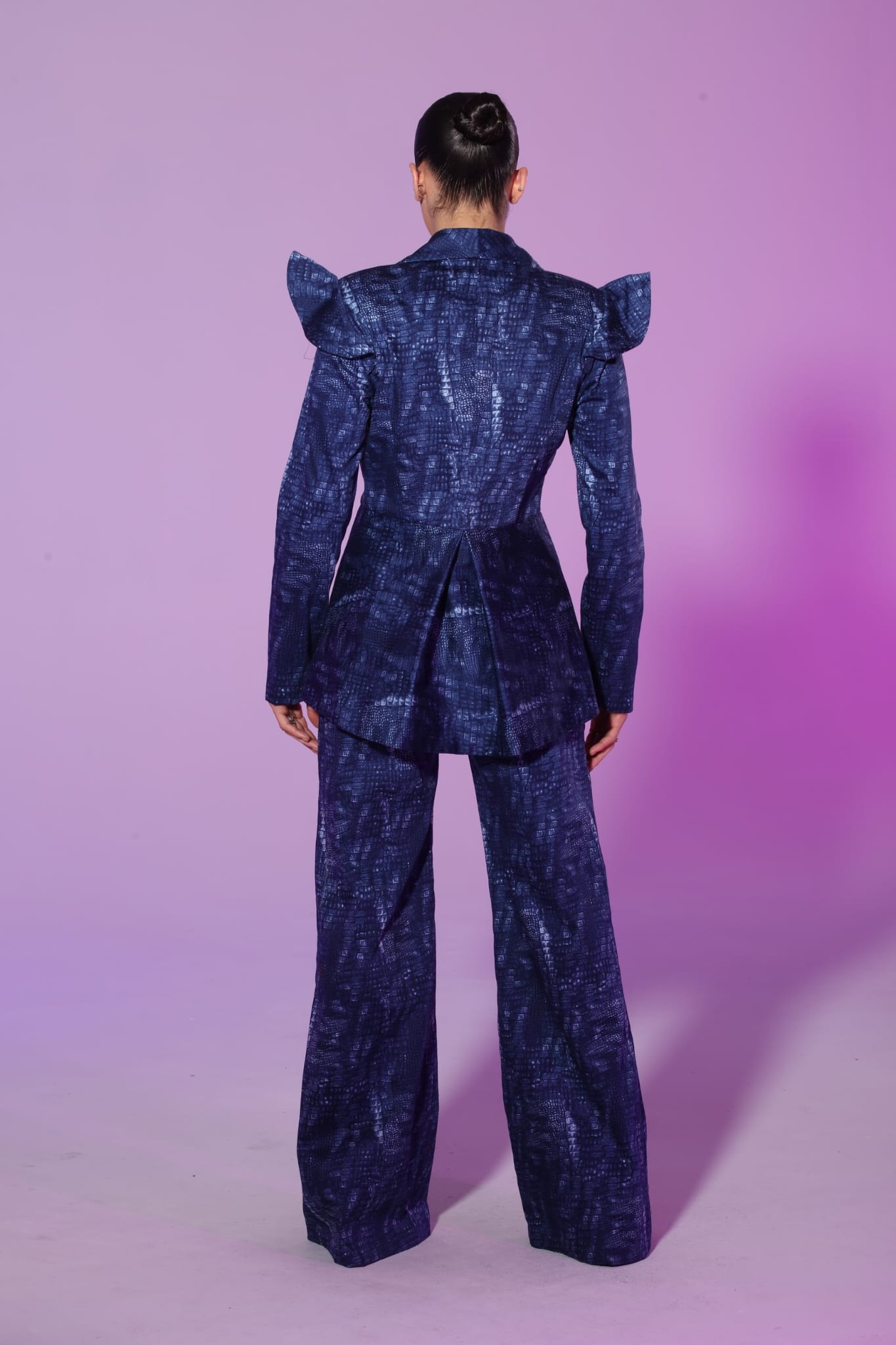 Fierce two-piece flare shoulder denim blue print jacket and high waisted pants suit set