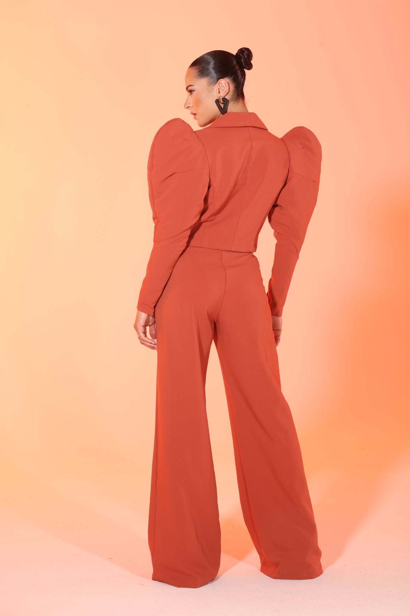 Diva Pursuit two-piece puff sleeve crop jacket and high waisted wide leg pants suit set