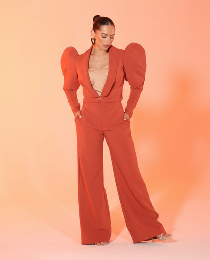 Diva Pursuit two-piece puff heart shoulder crop jacket and high waisted wide leg pants suit set