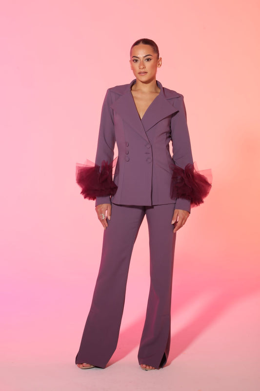 Rebecca Glam Energy tulle cuff button down jacket and high waisted pants suit set