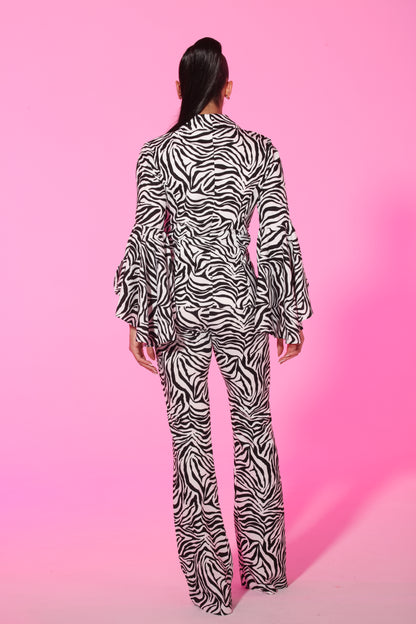 Zebra animal print two-piece bell sleeve jacket and high waisted pants suit set