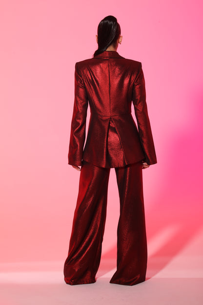 Miss Regal metallic split sleeve jacket and high waisted pants with pockets suit set